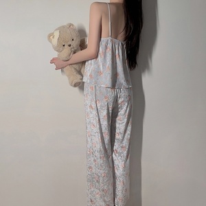 Conjunto de pijama de 2 piezas para mujer, camiseta con tirantes finos de encaje, pantalones largos, ropa de estar en casa para mujer - Product Image 2