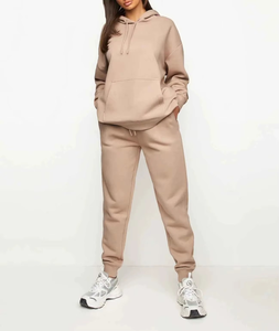Women's Beige Tracksuit Hooded <b>Sweatshirt</b> And Joggers Set With Side Pockets Casual Loose Fit Full Sleeve Autumn Wear - Product Image 2