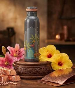 Bouteille d'eau en cuivre au design oriental avec motif palmier, gourde de voyage portable avec couvercles, bouteille d'eau en cuivre pur - Product Image 2