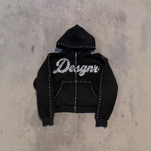 Sudadera con capucha corta con cremallera, lavado ácido personalizado, con tachuelas, estilo streetwear desgastado, de algodón y felpa con lavado vintage, servicio OEM - Product Image 3