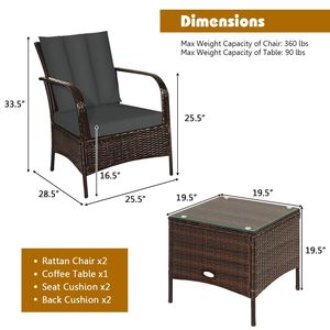 Ensemble de conversation en rotin pour patio, 3 pièces, avec table basse en verre et coussins - Product Image 5