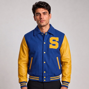 Veste de sport bleue pour homme avec manches en cuir PU jaune, lettre S brodée, fermeture à boutons sur le devant, style preppy, vêtement d'automne - Product Image 1