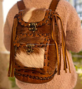 Animal Fur Cowhide Leather <b>Backpack</b> Handmade College Student <b>Backpack</b> Stylish <b>Backpack</b> - Product Image 1