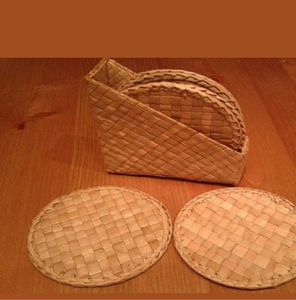 Square handwoven rattan <b>drink</b> <b>coasters</b> shown in a variety of natural brown and light neutral shades, at wholesale prices. - Product Image 3