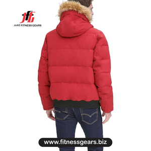 เสื้อแจ็คเก็ตพัฟเฟอร์สีแดงสำหรับผู้ชาย มีฮู้ดขนสัตว์ กันลม เสื้อโค้ทฤดูหนาวแบบลำลอง บุใยโพลีเอสเตอร์หนา - Product Image 3
