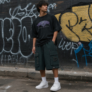 Shorts cargo baggy Y2K personnalisés pour hommes, en ripstop bleu sarcelle noir, style streetwear, avec strass et logo en silicone - Product Image 6