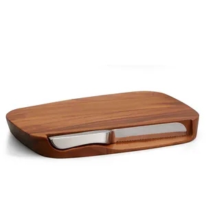 Wooden <b>Bread</b> Board with Stainless Steel <b>Knife</b> Storage Slot Rectangle Serving Platter for Cheese Fruit and Snacks Minimalist - Product Image 2