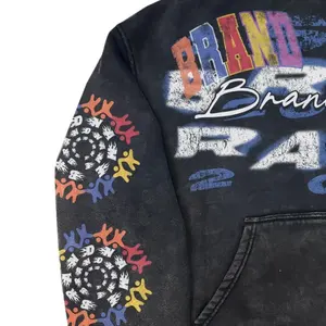 เสื้อฮู้ดดี้สตรีทแวร์ทรงบ็อกซี่ผ้าฝ้ายฟลีซเนื้อหนา 500gsm คุณภาพสูง สกรีนลายโลโก้แบบดิสเทรส ประดับด้วยคริสตัล  ซิปหน้า  สำหรับผู้ชาย สไตล์ย้อมสีเอซิดวอช - Product Image 4