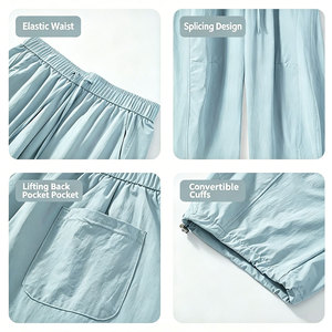 <b>Light</b> Blue Wide Leg Pants Women High Waist Drawstring Loose Fit Cotton Solid Color Casual Full Length <b>Trousers</b> - Product Image 2
