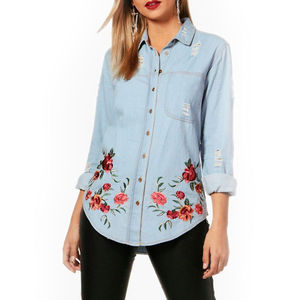 Chemises en jean pour femmes, couleur bleue, coupe courte, logo personnalisé, vente en gros, chemises en jean en coton pour femmes, ODM - Product Image 3