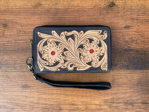 Nueva Cartera de cuero mecanizada a mano para mujer, cartera larga Vintage con patrón de hojas florales, monedero bohemio para mujer, regalo personalizado para ella - Product Image 2