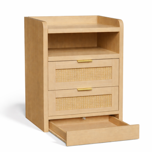 ELVROGEST SA Table de chevet moderne en bois avec tiroirs en rotin, table de chevet avec étagère de rangement et tiroir inférieur, finition naturelle - Product Image 1