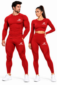 Red 2 Piece Yoga Set Women <b>Long</b> Sleeve Crop <b>Top</b> <b>Leggings</b> Breathable Solid Quick Dry Printed Activewear Gym Workout Outfit - Product Image 5
