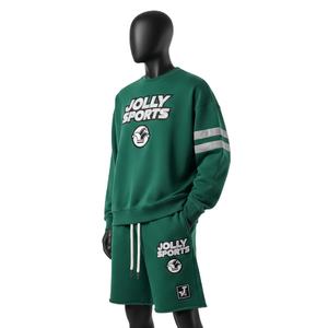 Ensemble sweat-shirt et short en molleton riche en coton 320 GSM pour homme, vert forêt, avec empiècements rayés et logo imprimé en relief. - Product Image 4