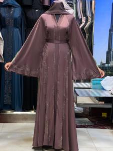 2026 New V Neck Long Sleeve Floor Length Modest Polyester Handmade <b>Flared</b> Hem Abaya Beaded Detail Women's Traditional Muslim - Product Image 1