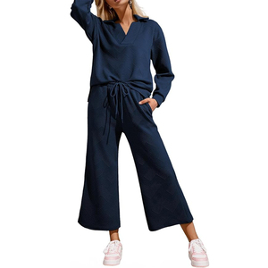 Ensemble de survêtement en lin noir uni pour femme, col en V, manches longues, coupe ample, pantalon long avec poches latérales, tenue décontractée d'été - Product Image 3