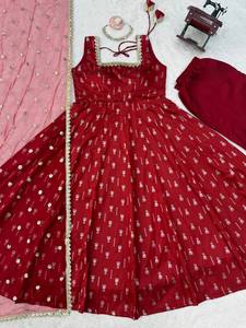 Women Red Jacquard Butti Ankle-Length Traditional Dress Gold Print <b>Dupatta</b> Quick Dry All Seasons for Diwali India Pakistan Style - Product Image 5