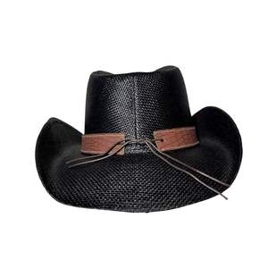 Chapeau de cowboy western en paille texturée noire, respirant, pour l'été, avec bande en cuir marron contrastée - Product Image 3