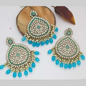Kundan Stone and <b>Pearl</b> <b>Earrings</b> with Maangtikka Fashion Jewelry Sets-Gold Plated - Product Image 1