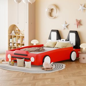 Cama Plataforma con Ruedas en Forma de Auto de Carreras, Tamaño Individual, Color Rojo, para Niños - Product Image 1