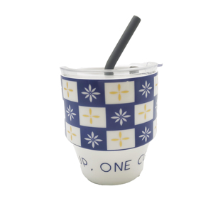 12oz Checkered Floral Pattern <b>Double</b> <b>Wall</b> Vacuum Insulated Stainless Steel Travel <b>Mug</b> with Splash-proof Straw Lid - Product Image 3
