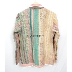 Unisex Handmade <b>Kantha</b> <b>Jacket</b> in Hot Pink Denim Style Cotton Quilted Full Sleeve Winter <b>Jacket</b> for Autumn & Spring Party Wear - Product Image 6