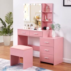 Ensemble coiffeuse rose en panneau de particules texturé avec cinq tiroirs, deux étagères et armoire miroir à porte coulissante - Product Image 2