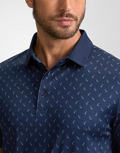 Men's Navy Blue Short Sleeve Polo <b>Shirt</b> With White Pattern Print Regular Fit Casual Knitted Breathable <b>100</b>% <b>Polyester</b> - Product Image 1