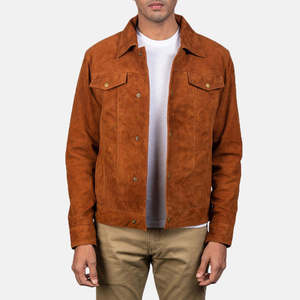 Men's Genuine <b>Suede</b> <b>Leather</b> <b>Jacket</b> Stand Collar Regular Fit Solid Color Windproof Streetwear Winter Outerwear - Product Image 4