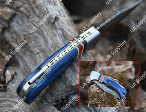 High Quality Damascus Steel Folding Knife OEM Wood Epoxy Handle Outdoor Bushcraft EDC Tactical Pocket Knife <b>Leather</b> Sheath Drop - Product Image 3