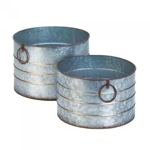High On Demand Galvanized Metal Planters Set Circular Shape With Handles Durable Outdoor Garden Use Flower Green Plant <b>Container</b> - Product Image 1