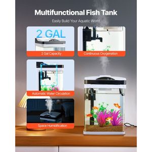 Aquarium carré en verre transparent à DEL intelligent de 2 gallons avec réservoir à poissons et accessoires autonettoyants de 7 couleurs - Product Image 2