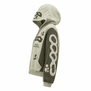 Custom Cream Olive Two-Tone Applique Embroidered Cropped Full <b>Zip</b> Streetwear Fleece Hoodie - Product Image 4