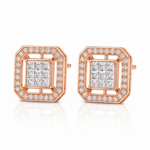 Pendientes de Diamantes con Corte Princesa en Oro Rosa, Diseño Geométrico de Halo, Joyería de Lujo para Uso Diario de Mujer - Product Image 5