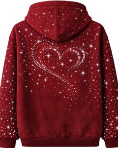 เสื้อฮู้ดดี้สีแดงประดับเพชรรูปหัวใจ ทรงโอเวอร์ไซส์ ผ้าฟลีซหนานุ่ม มีกระเป๋าจิงโจ้ ผลิตเสื้อผ้าสตรีทแวร์ตามสั่งสำหรับผู้ชาย - Product Image 4