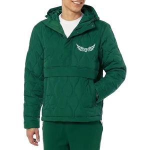 Men's Blue <b>Quilted</b> Hooded Jacket With Embroidered Logo Windproof <b>Winter</b> Casual Outerwear - Product Image 3