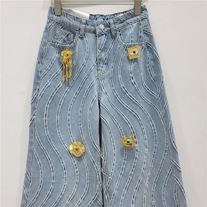 Pantalones Vaqueros de Cintura Alta y Pierna Ancha con Apliques Bordados y Decoración de Ojo Dorado, 100% Algodón para Mujer, Estilo Casual de Verano - Product Image 5