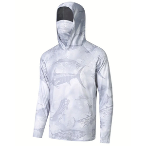 เสื้อตกปลาผู้ชาย แขนยาว แห้งเร็ว UPF 50 พิมพ์ลายปลาสีน้ำเงิน แบบสวมหัว - Product Image 3