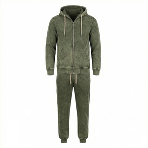 Custom Acid Wash Flared Tracksuit Zip Up 500 GSM Straight Leg Jogging Suit <b>Distressed</b> Hoodies Sweatpants Men Fitness - Product Image 1