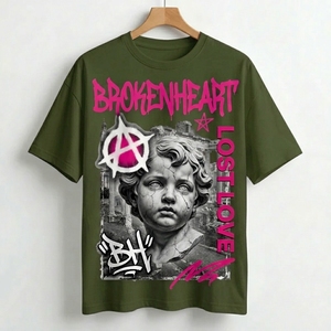 T-shirt blanc pour homme imprimé Broken Heart Lost Love, manches courtes, col rond, style streetwear, coupe classique, jersey en coton - Product Image 3