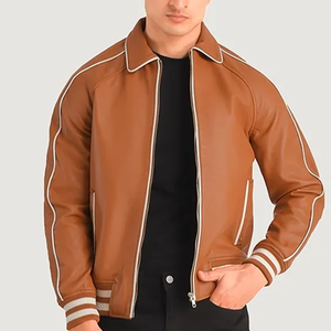 Unisex Brown PU Leather Bomber <b>Jacket</b> with <b>White</b> Trim Turn-down Collar Zipper Closure Waterproof Windproof Casual Winter Wear - Product Image 5