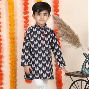 Kurta étnica azul marino para niños con estampado de grulla, cuello mandarín, ropa festiva, atuendo tradicional para niños, kurta elegante para fiestas. - Product Image 1