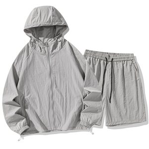 <b>Men's</b> Black Hooded Zipper Windbreaker <b>Jacket</b> and Woven Shorts Set Casual <b>Summer</b> Breathable Quick Dry 100% Nylon - Product Image 3