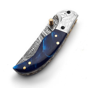 Couteau pliant en acier Damas, manche en résine bleu saphir, doublure en laiton, couteau de poche pour la chasse et le camping, fabricant - Product Image 3