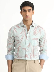 Men's Light Blue Floral Printed Casual Shirt Full Sleeve Turn-<b>down</b> Collar Breathable Cotton Summer Style Regular Fit - Product Image 1