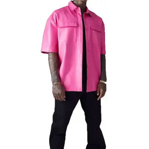 <b>Men's</b> Pink PU Short Sleeve Shirt <b>Jacket</b> Turn-down Collar Solid Color Casual <b>Summer</b> Loose Fit Regular Length - Product Image 1