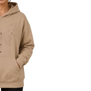 Sudadera con Capucha Extra Grande para Mujer, Personalizada, con Pedrería Beige en Forma de Mariposa, de Felpa de Algodón Premium, Informal, para Invierno - Product Image 4