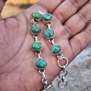 Green Copper Turquoise 925 Sterling Silver Chain Bracelet Handmade Gemstone Jewelry Gift - Product Image 1