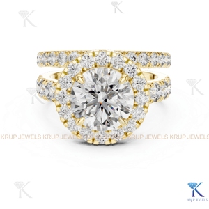 ชุดแหวนแต่งงานและหมั้นเพชร CVD สี E ทรงกลมแบบ Halo ประดับเพชรแบบ Pave จาก KRUP JEWELS ชุบทอง 14K 18K - Product Image 4
