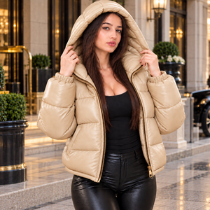 <b>Women</b>’s Genuine <b>Leather</b> Puffer Hood <b>Jacket</b> <b>Brown</b> Winter Warm Fashion Coat Custom Winter Damen Lederjacke OEM Wholes Fashion Wear - Product Image 3